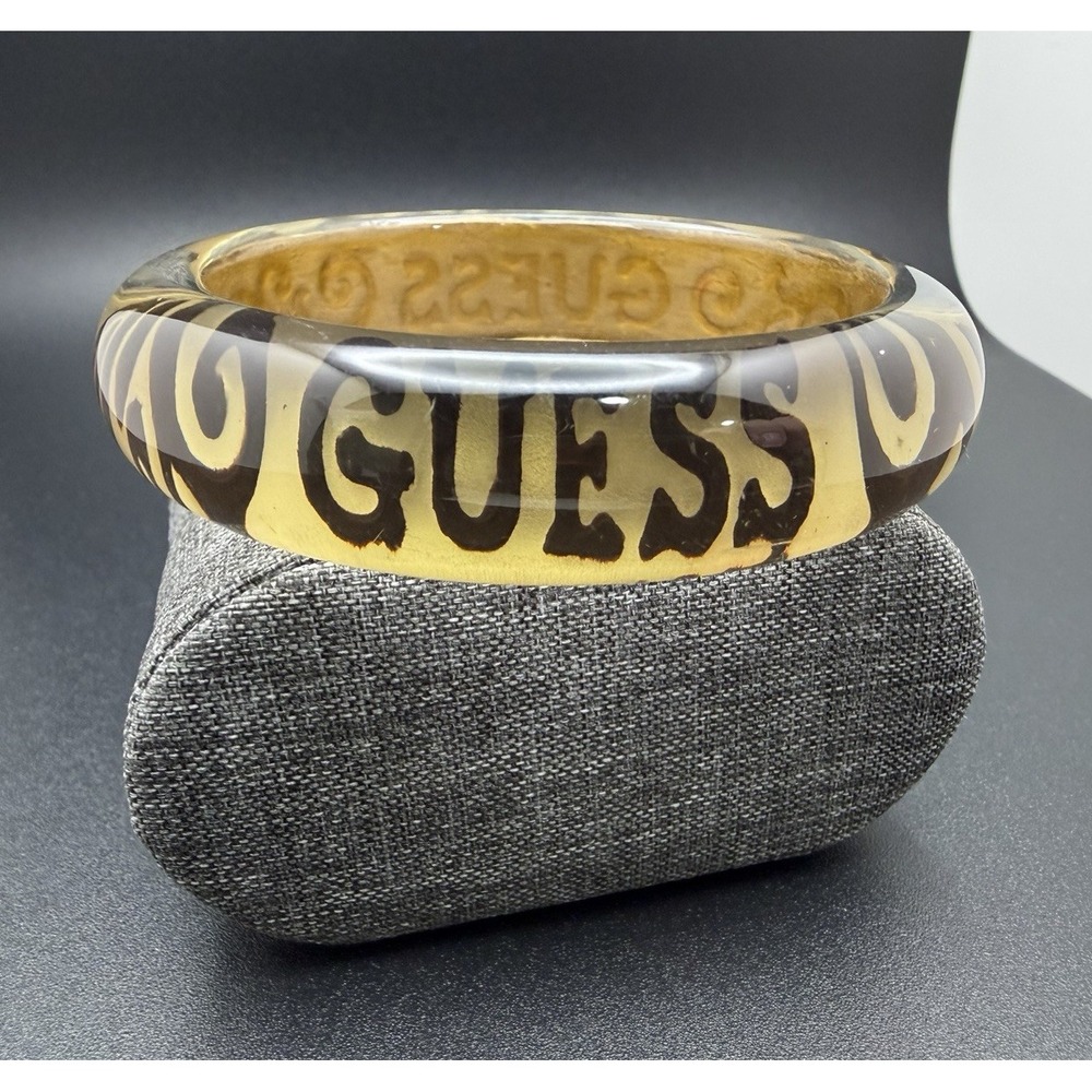 Vintage GUESS Y2K Lucite Bangle Bracelet Gold Clear Resin Chunky Logo Cuff